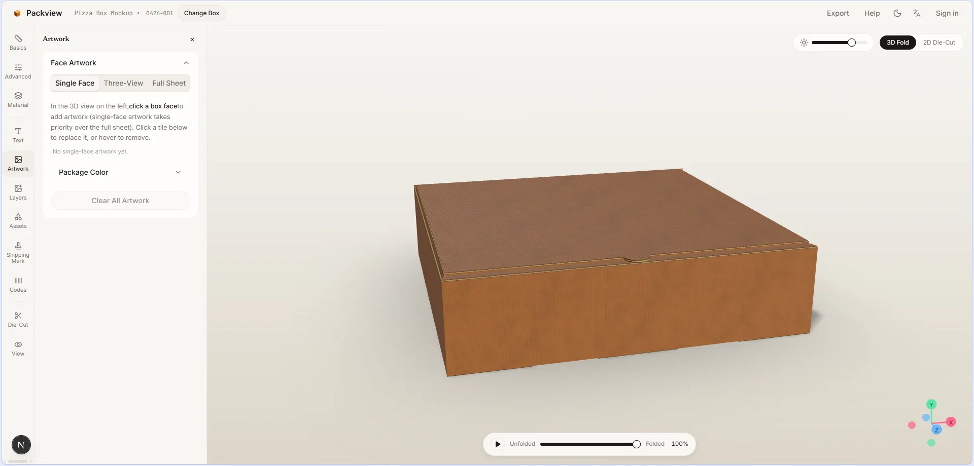 Per-face artwork upload area in the 3D packaging box simulator