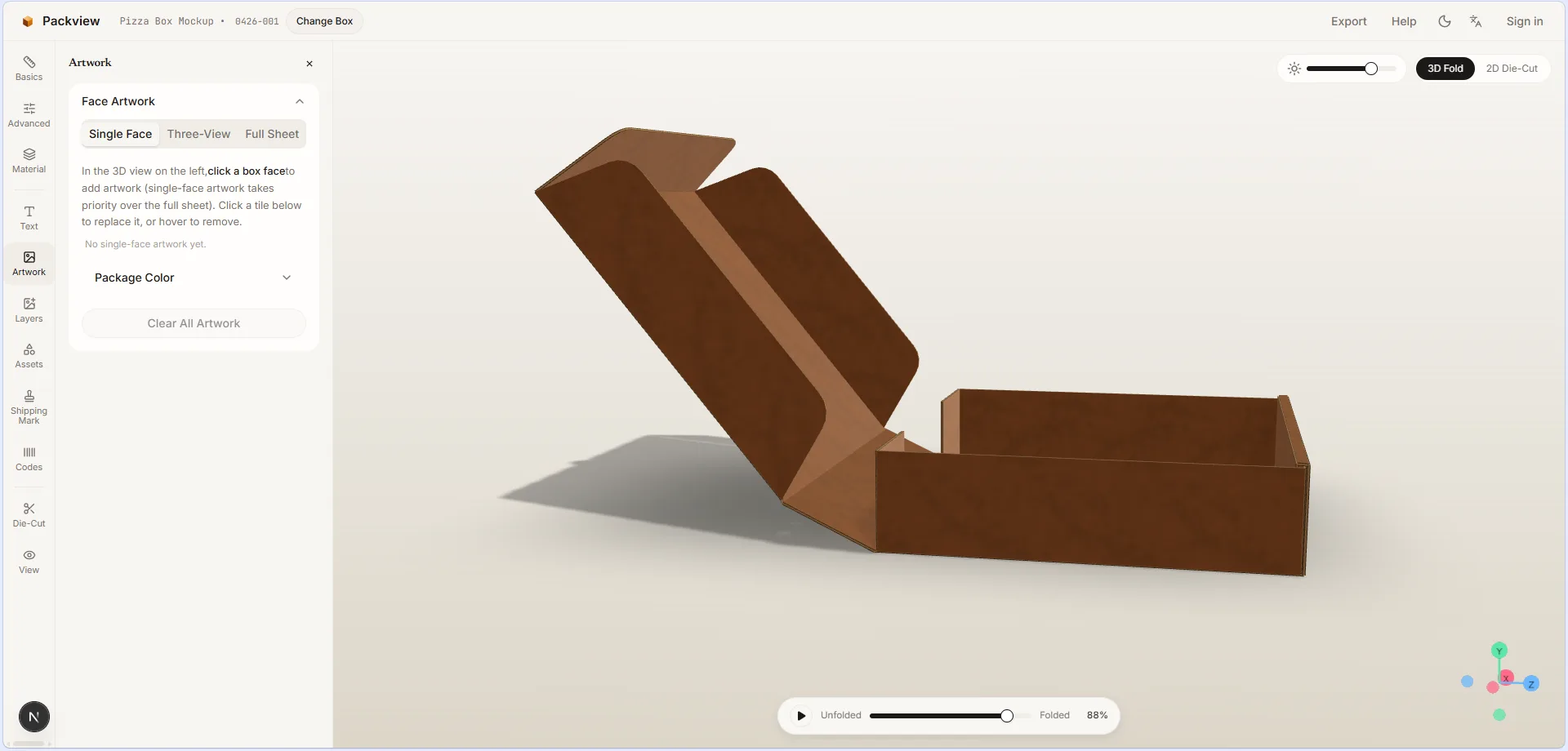 Opening styles and material presets in the carton 3D simulator